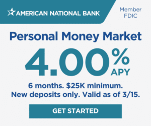 American National Bank logo. Member FDIC. Personal Money Market. 4.00% APY. 6 months. $25,000 minimum. New deposits only. Valid as of 3/15. Get started button.