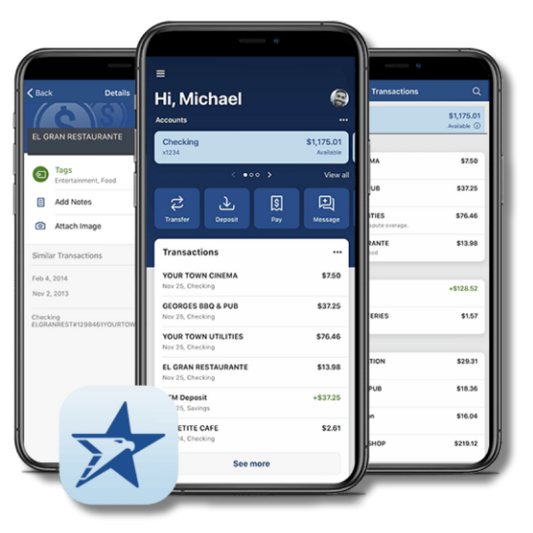 ANB Go app displayed across 3 smartphone screens.