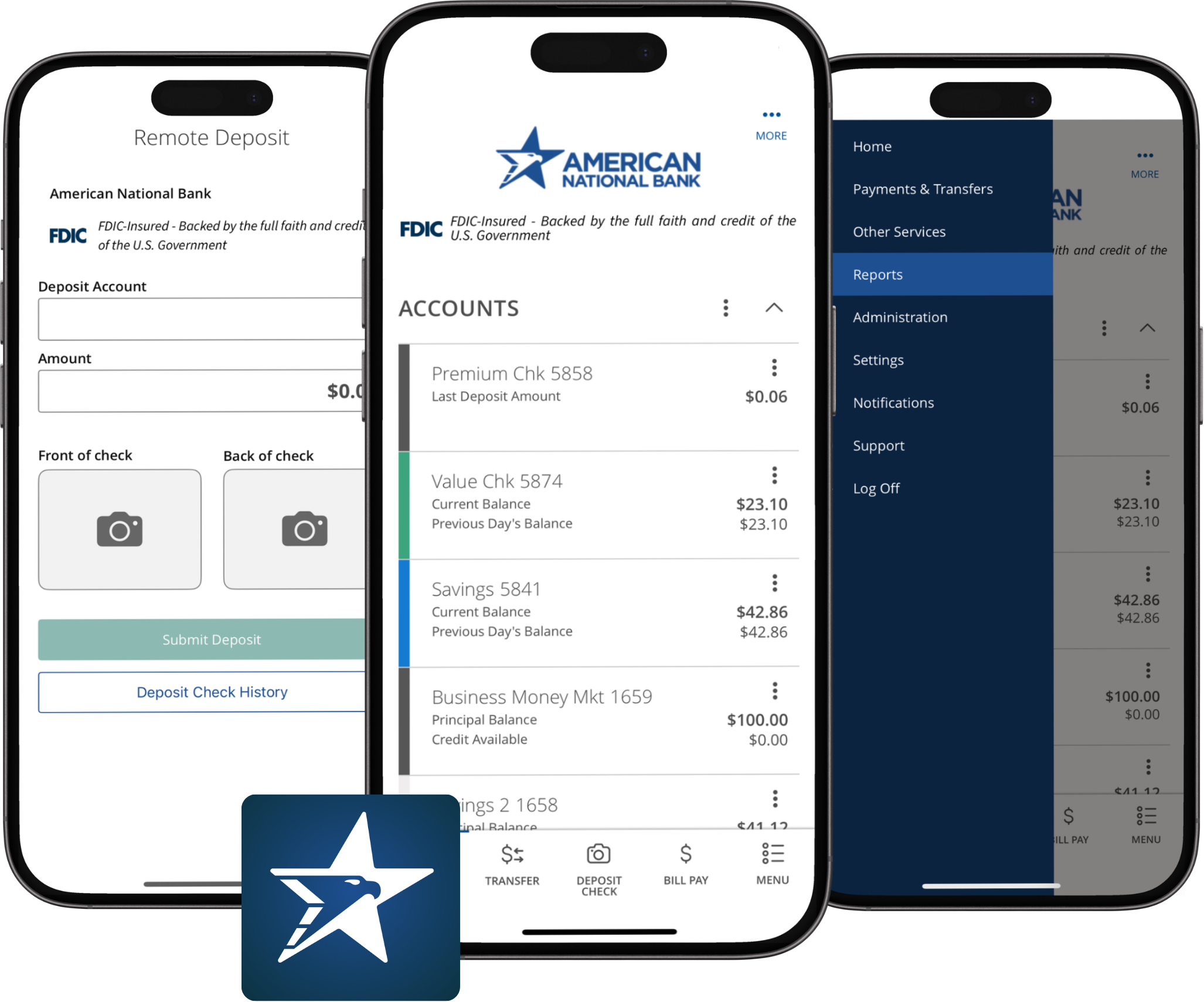 ANB Go Business app displayed across 3 smartphone screens.
